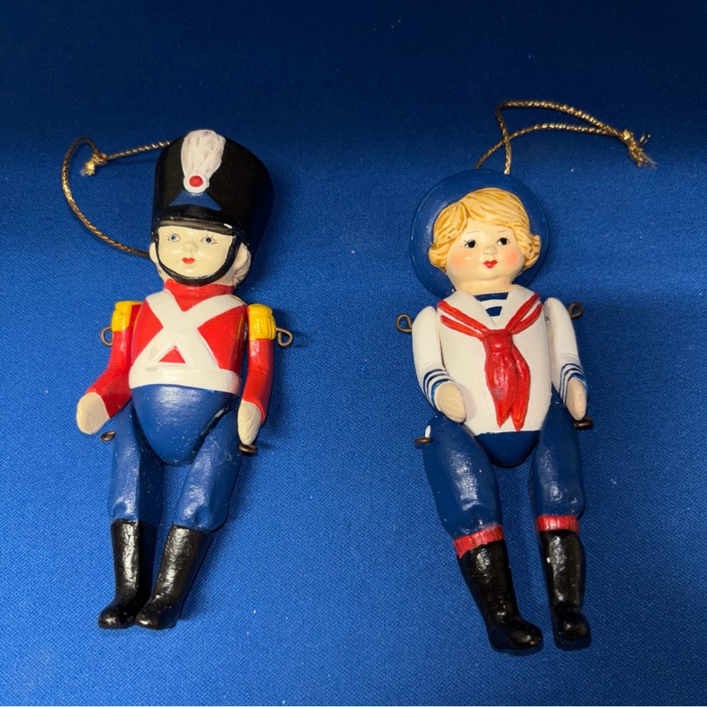 Bisque Vintage German Soldier And Sailor Lot Of Two Ornaments Moveable Limbs